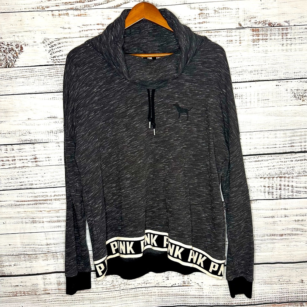 Victorias Secret PINK Heather Gray Logo Cowl Neck Hoodie Black Long Sleeve